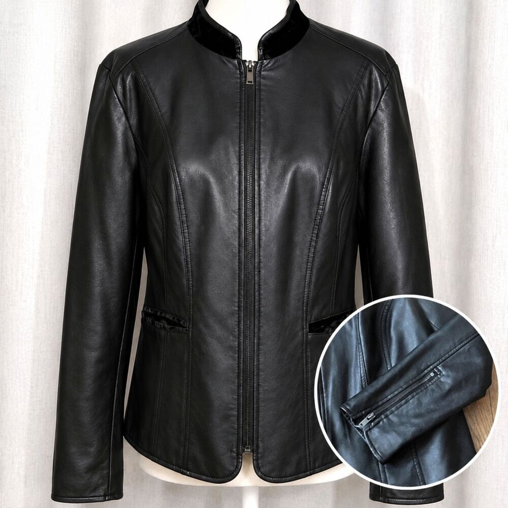 Alfani Black Faux Leather Moto Jacket Women's L Zip Front Velvet Trim Zip Cuffs